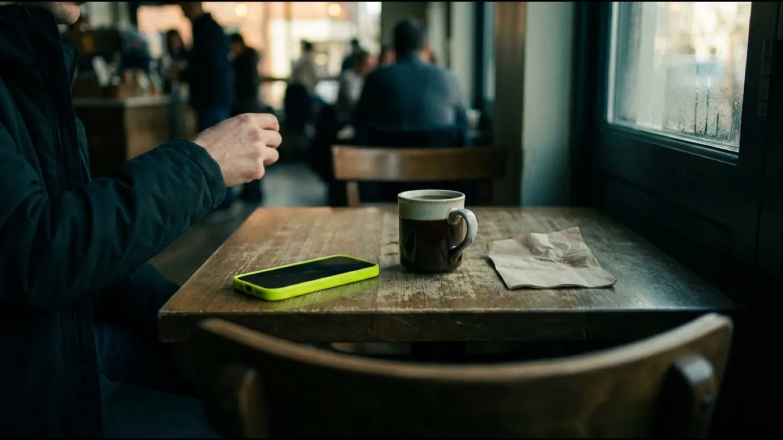 Ein Telefon auf einem Café-Tisch neben einer Tasse Kaffee, eine Hand greift vom Bildrand herein