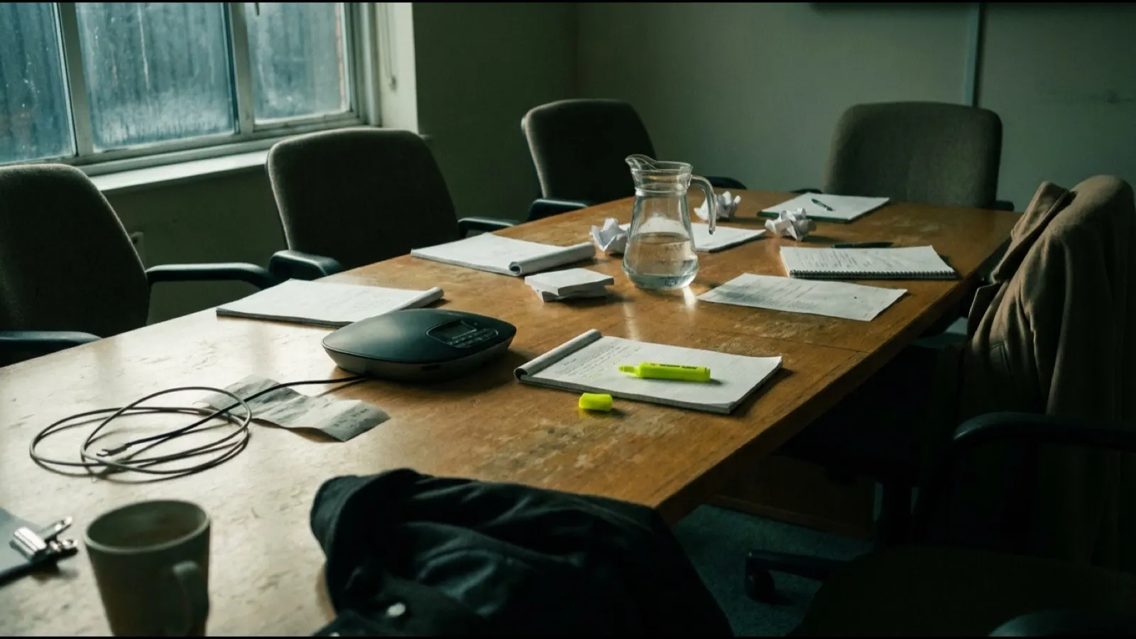 A meeting-room table with a speakerphone puck in the middle and chairs pushed back