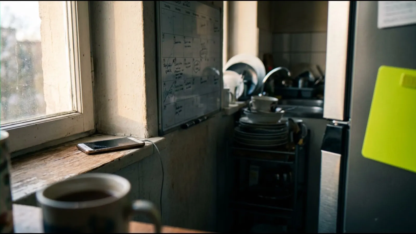 A phone on a windowsill in a shared kitchen, a calendar on the wall behind