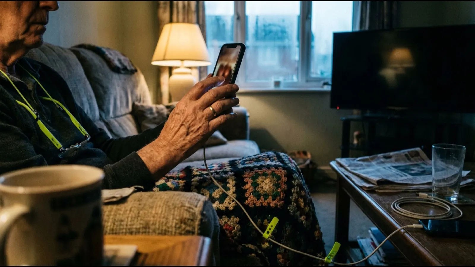 An older person holding a phone at arm's length on a sofa
