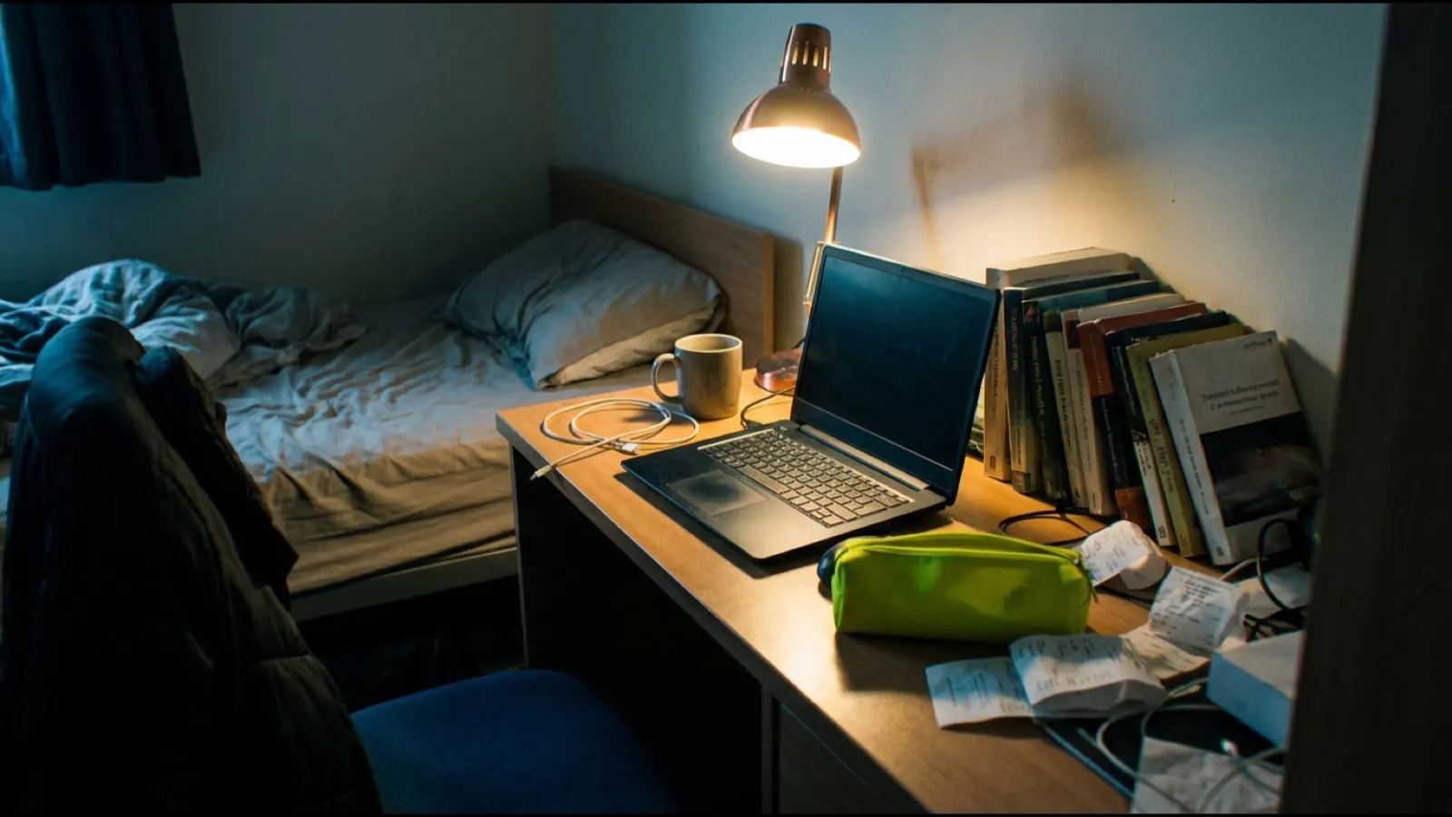 A student desk with a laptop, stacked textbooks and a lamp