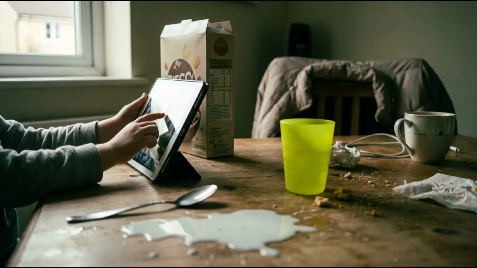 A child's hands on a tablet propped against a cereal box at breakfast