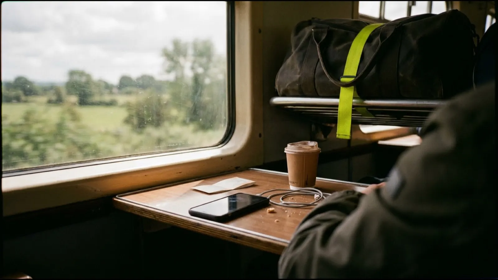 En telefon og et papkrus på et tog-bord, mens landskabet udenfor er sløret gennem vinduet