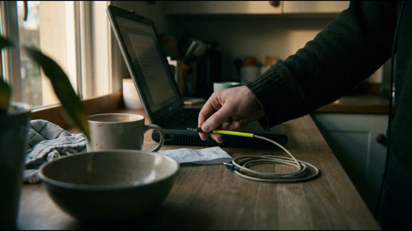 En hånd, der sætter et headset i en bærbar computer på køkkenbordet