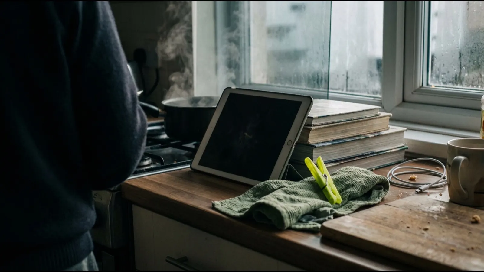 A tablet propped on a kitchen counter beside a chopping board and a tea towel