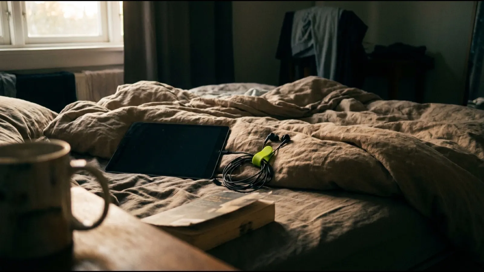 A tablet on an unmade bed with earbuds beside it