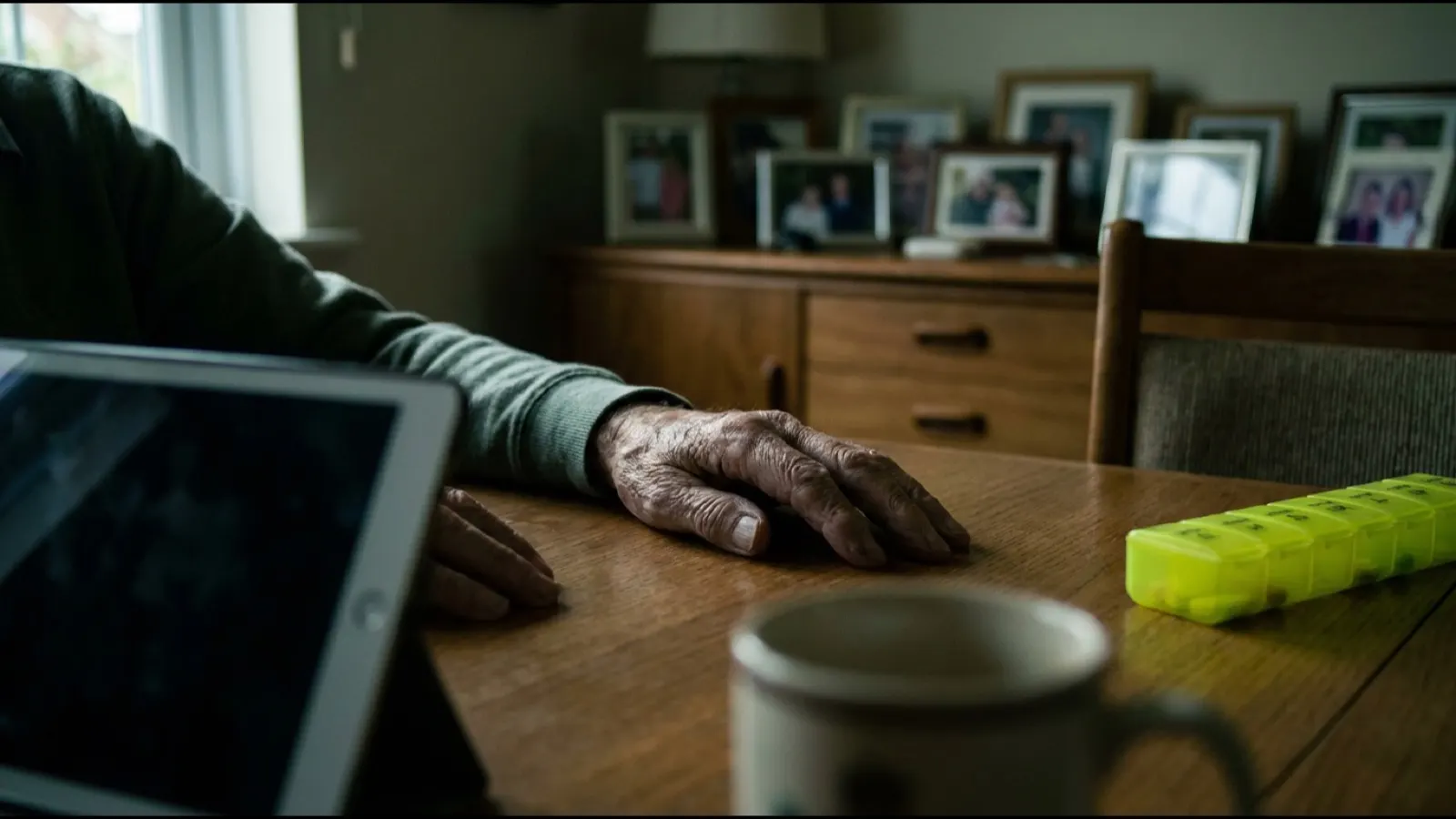 A pair of hands resting either side of a tablet on a dining table
