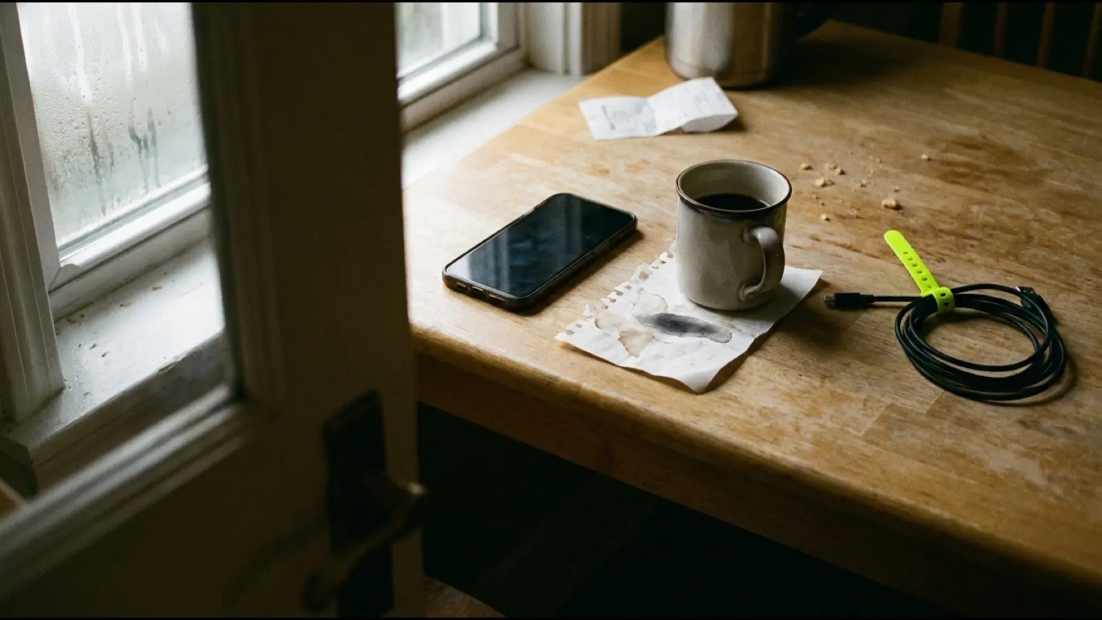 A phone face down on a kitchen table beside a mug and a handwritten note
