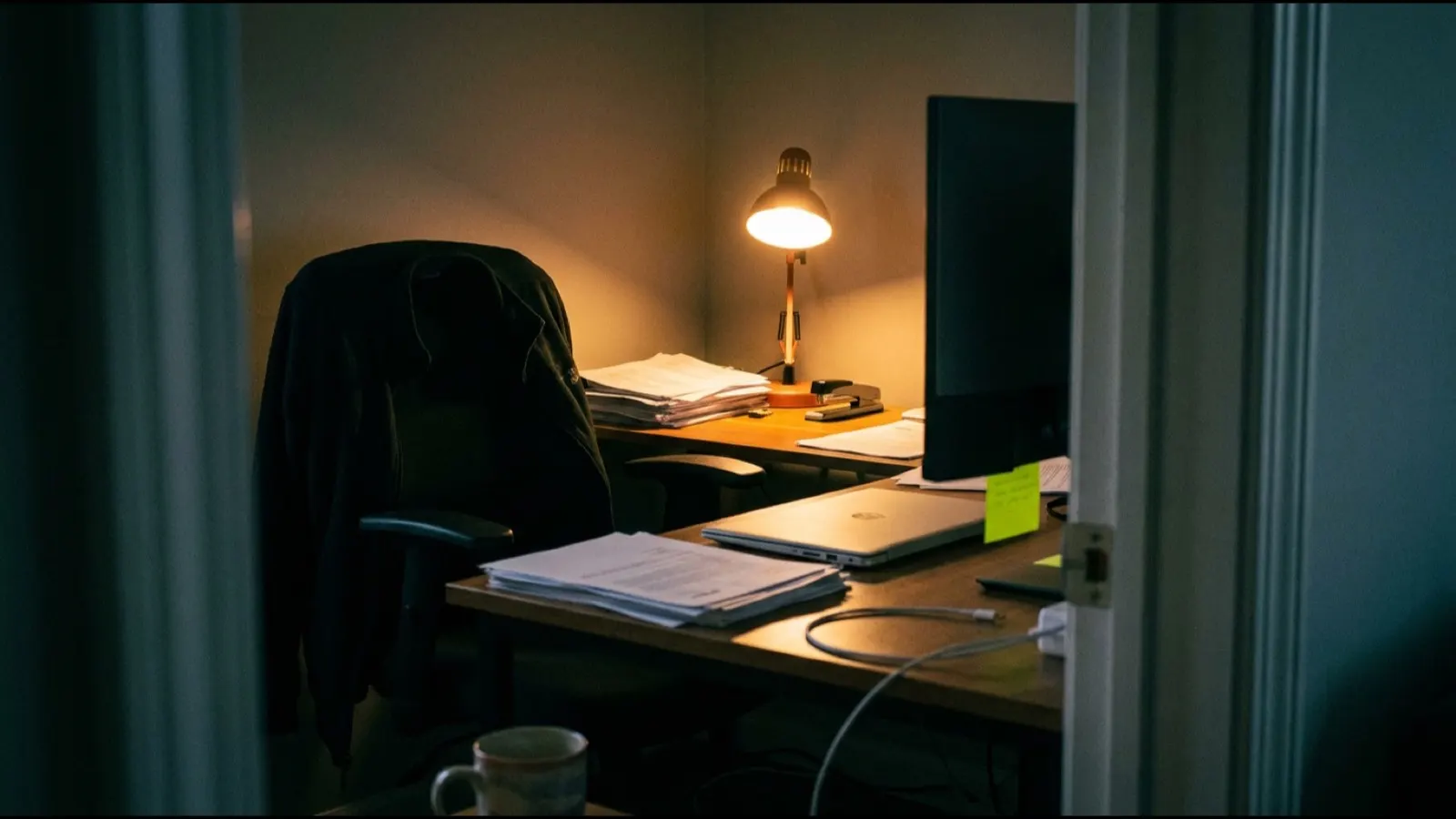 A home office corner seen from the doorway, the chair pushed back