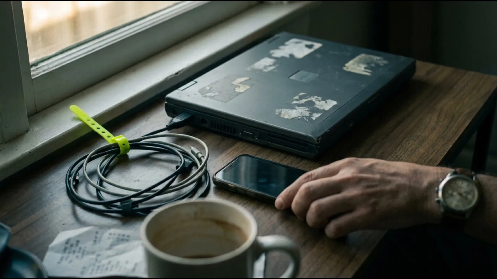 An old closed laptop beside a newer phone on a desk