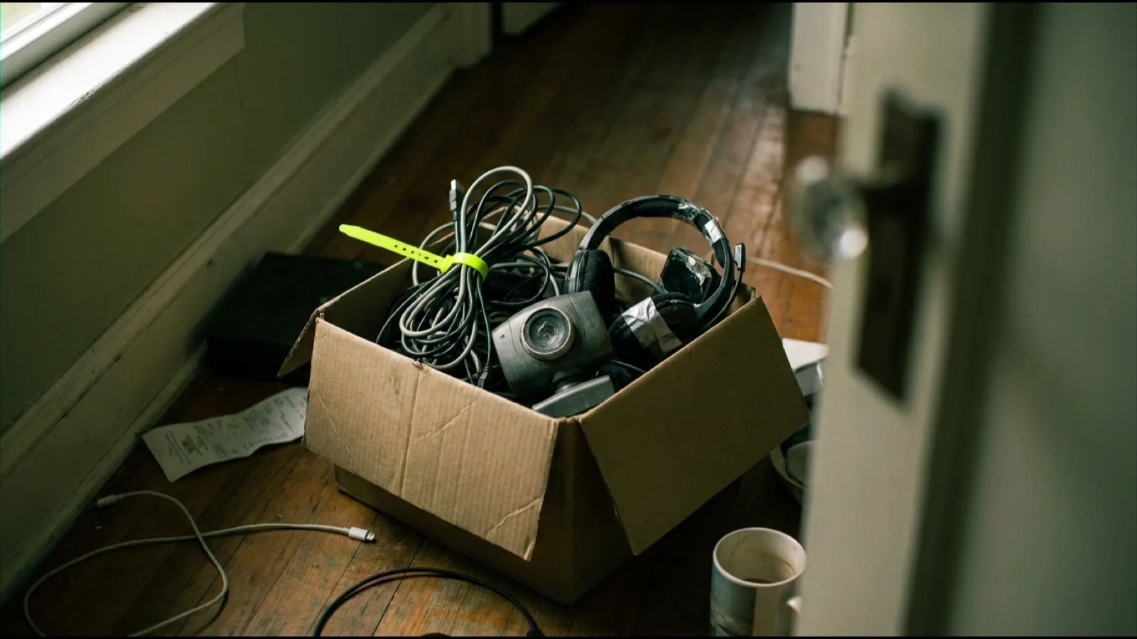 A cardboard box of retired electronics on a hallway floor