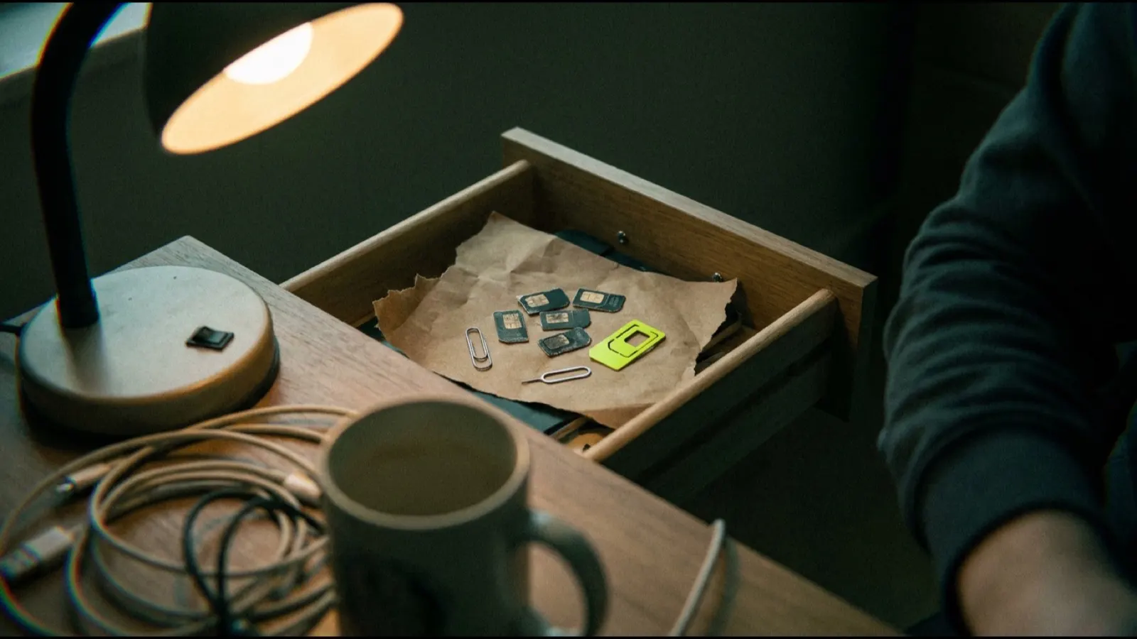 An open desk drawer with old SIM cards and a tray ejector tool