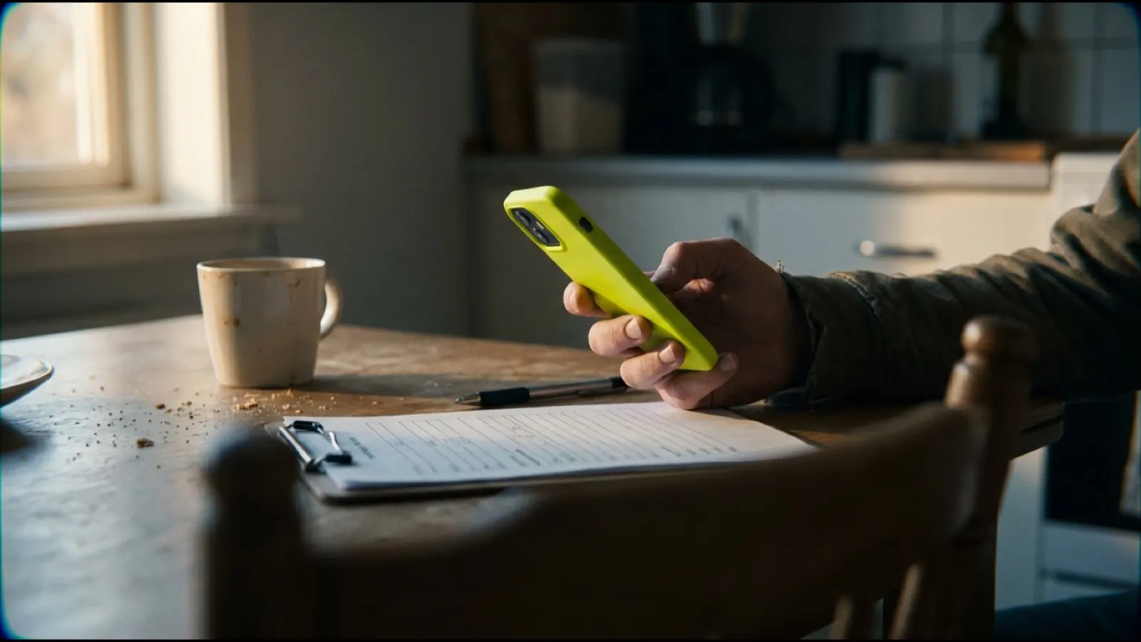 A hand holding a phone over a printed form on a kitchen table