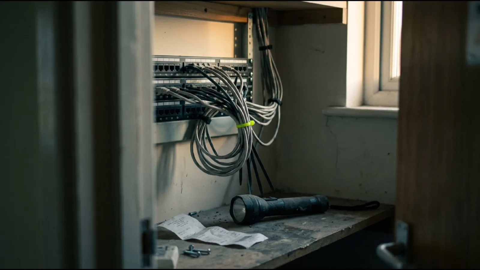 A patch panel in a building cupboard with looped ethernet cables