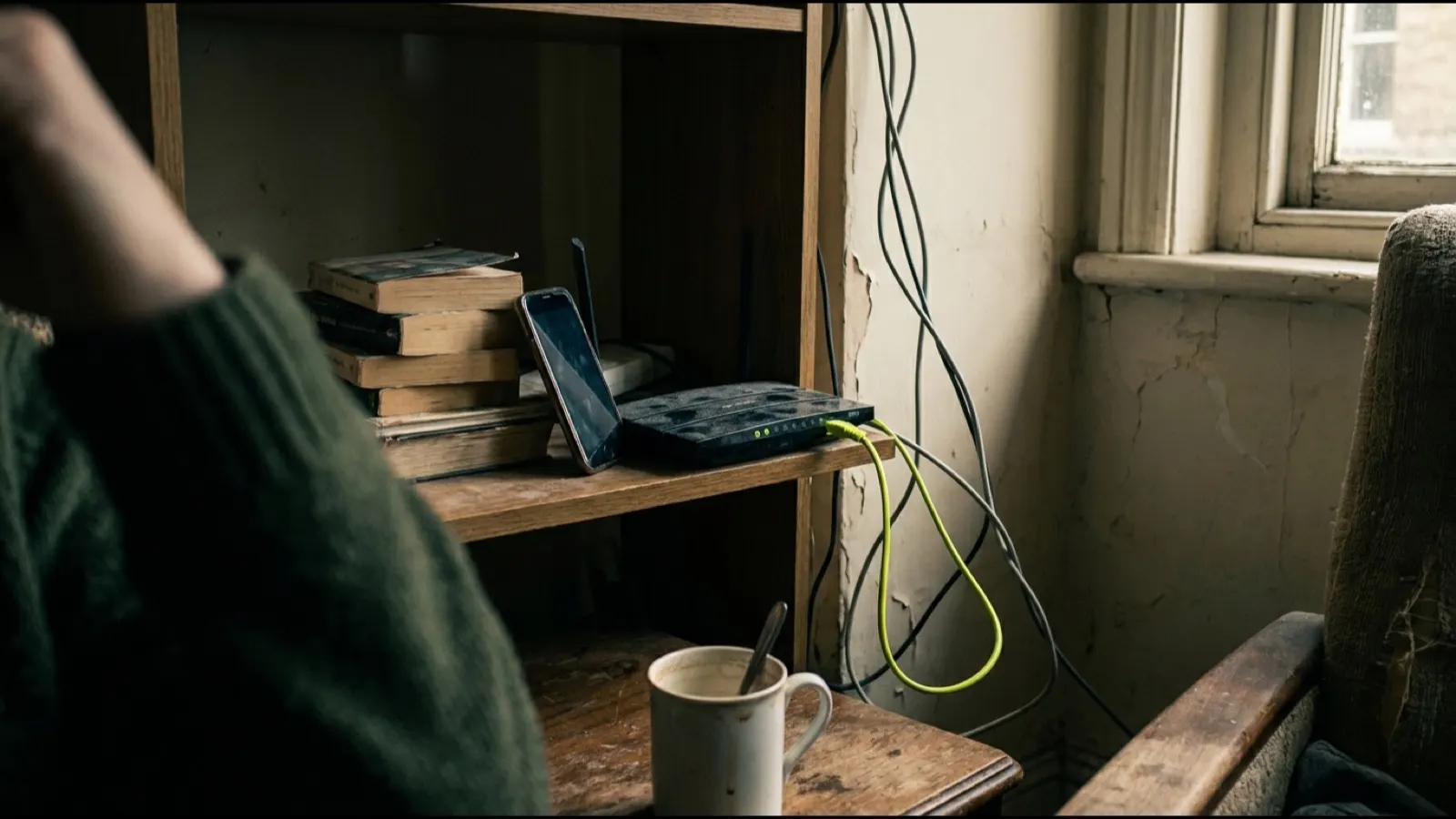 En router på en hylde med en telefon lænet op ad den