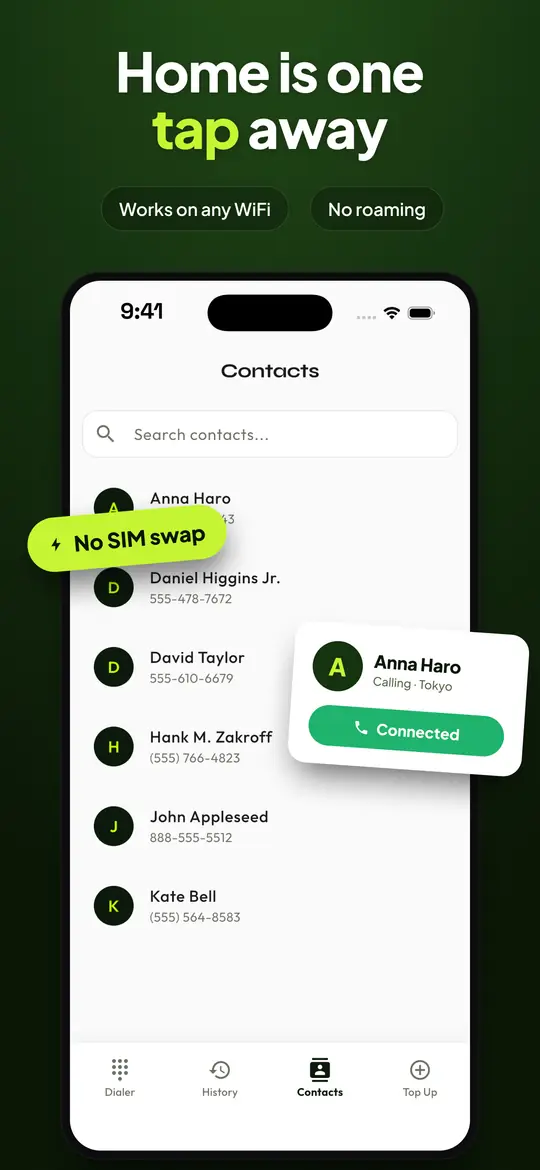 Telvio contacts list with saved names and numbers