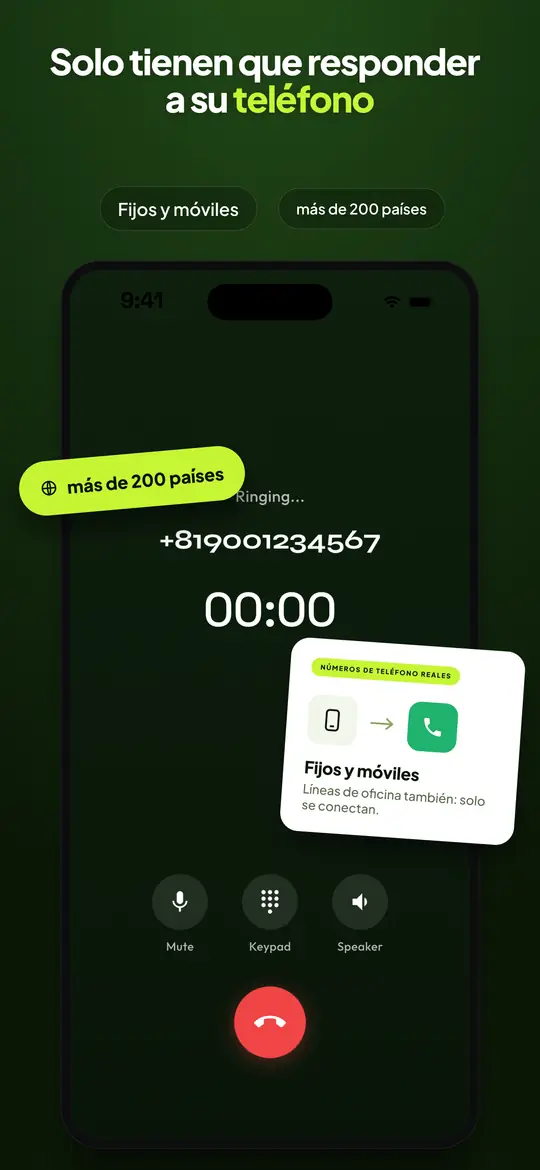 Pantalla de llamada de Telvio con una llamada conectada y controles para silenciar, mostrar el teclado y usar el altavoz