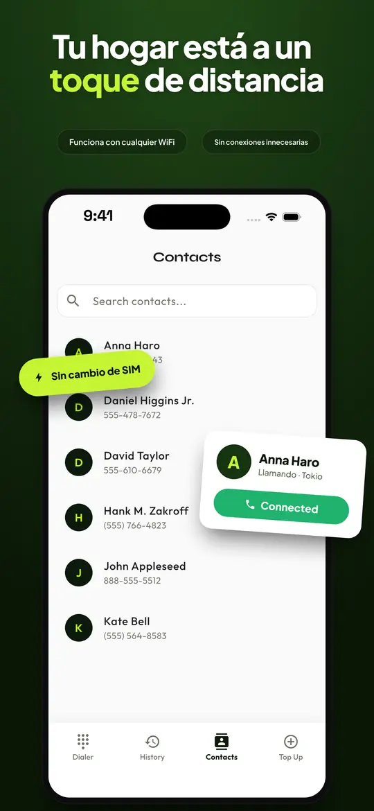 Lista de contactos de Telvio con nombres y números guardados
