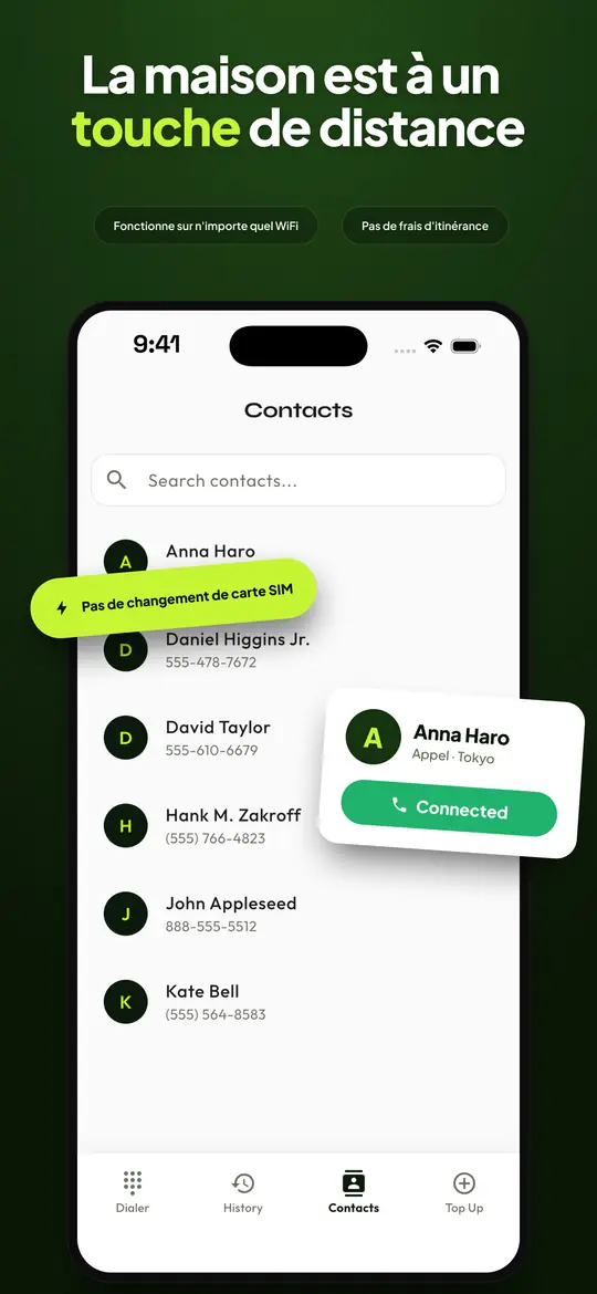 Liste de contacts Telvio avec les noms et numéros enregistrés