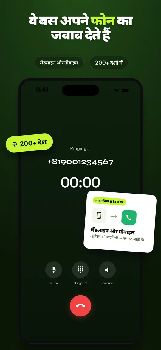 Telvio call screen, जिसमें connected call के साथ mute, keypad और speaker controls दिख रहे हैं
