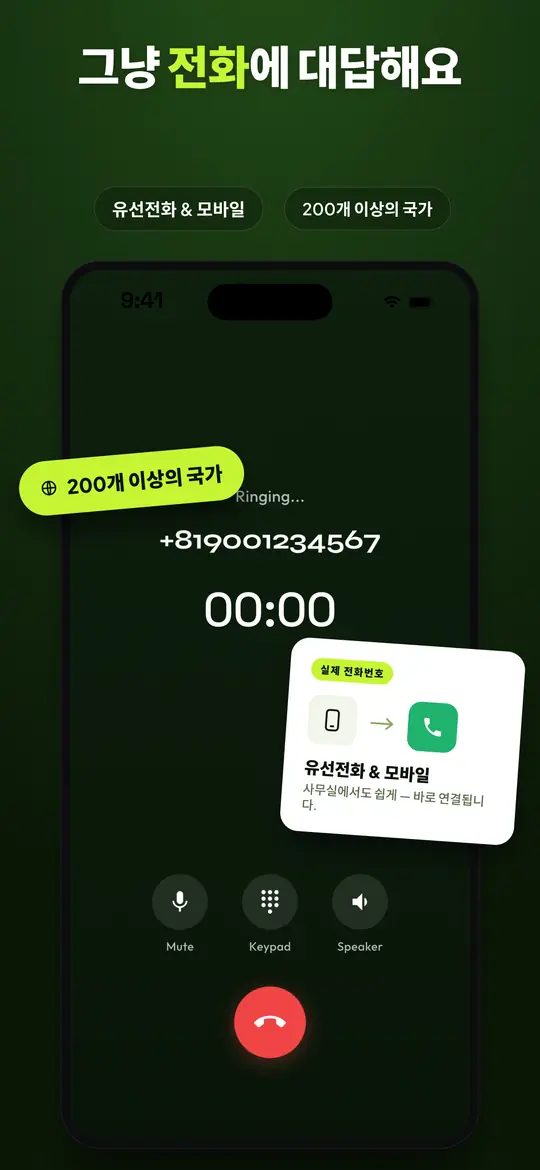 음소거, 키패드, 스피커 제어 버튼과 연결된 통화가 보이는 Telvio 통화 화면