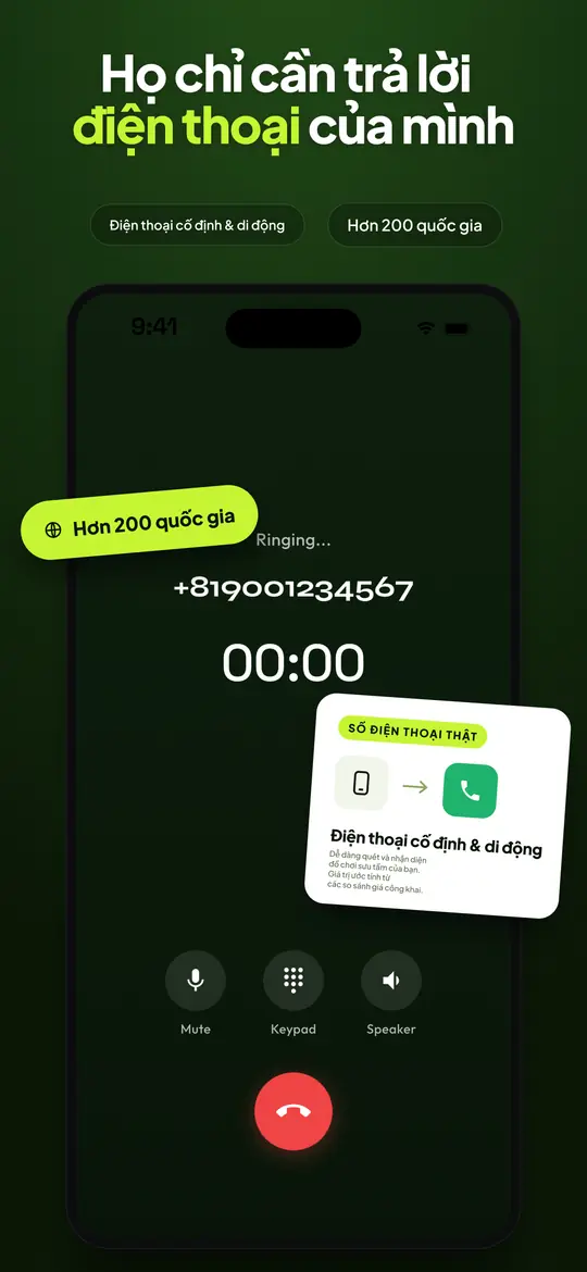Màn hình cuộc gọi Telvio hiển thị cuộc gọi đã kết nối với các nút tắt tiếng, bàn phím và loa