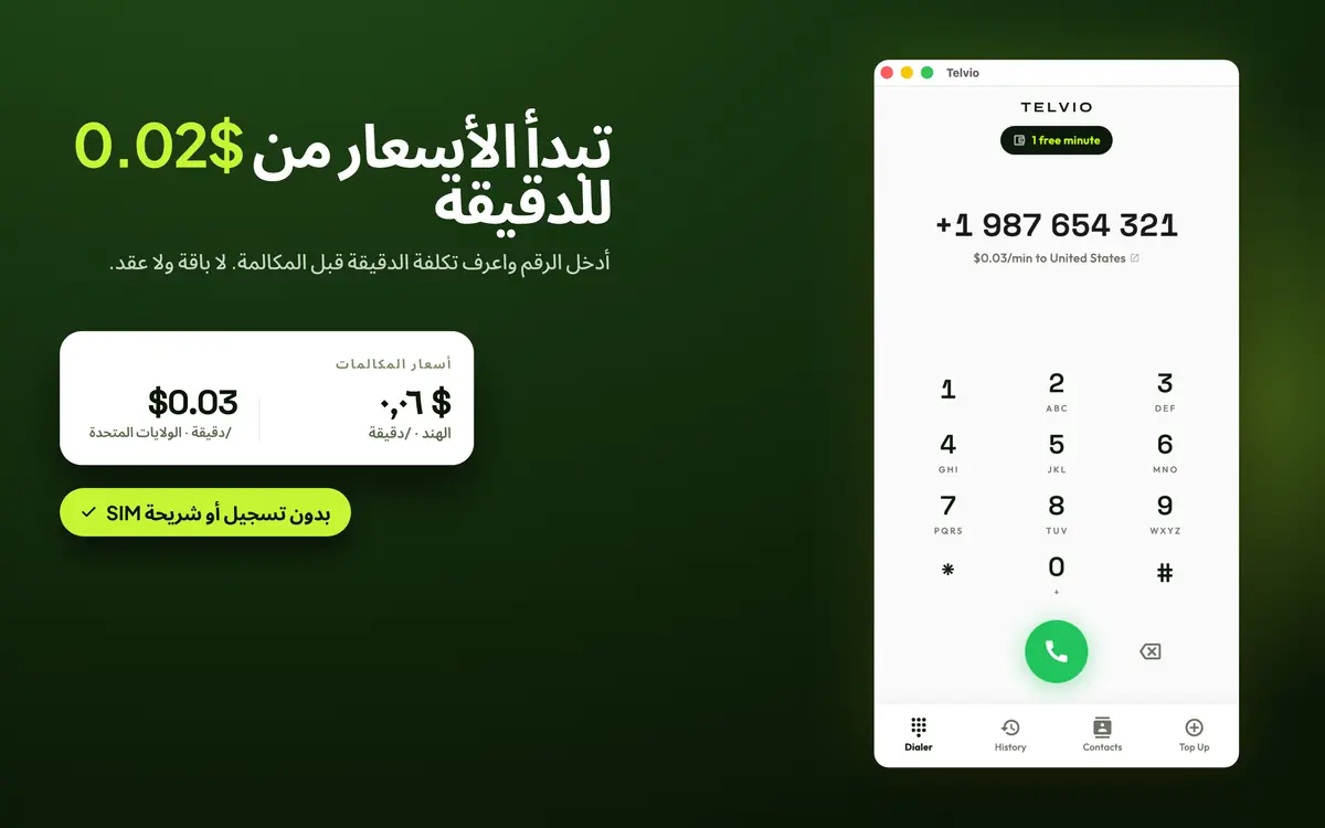 Telvio for Mac يعرض أسعارًا نموذجية للدقيقة للولايات المتحدة والهند بجوار لوحة الاتصال