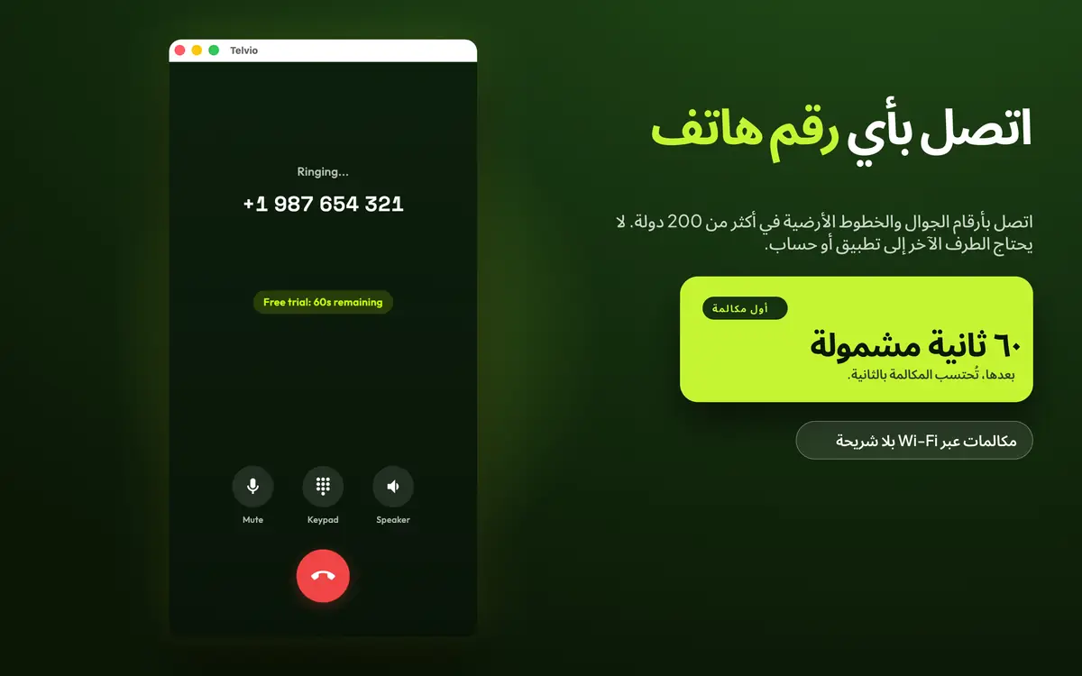 Telvio for Mac في مكالمة جارية، يعرض حالة الرنين مع عناصر التحكم في كتم الصوت ولوحة المفاتيح ومكبر الصوت