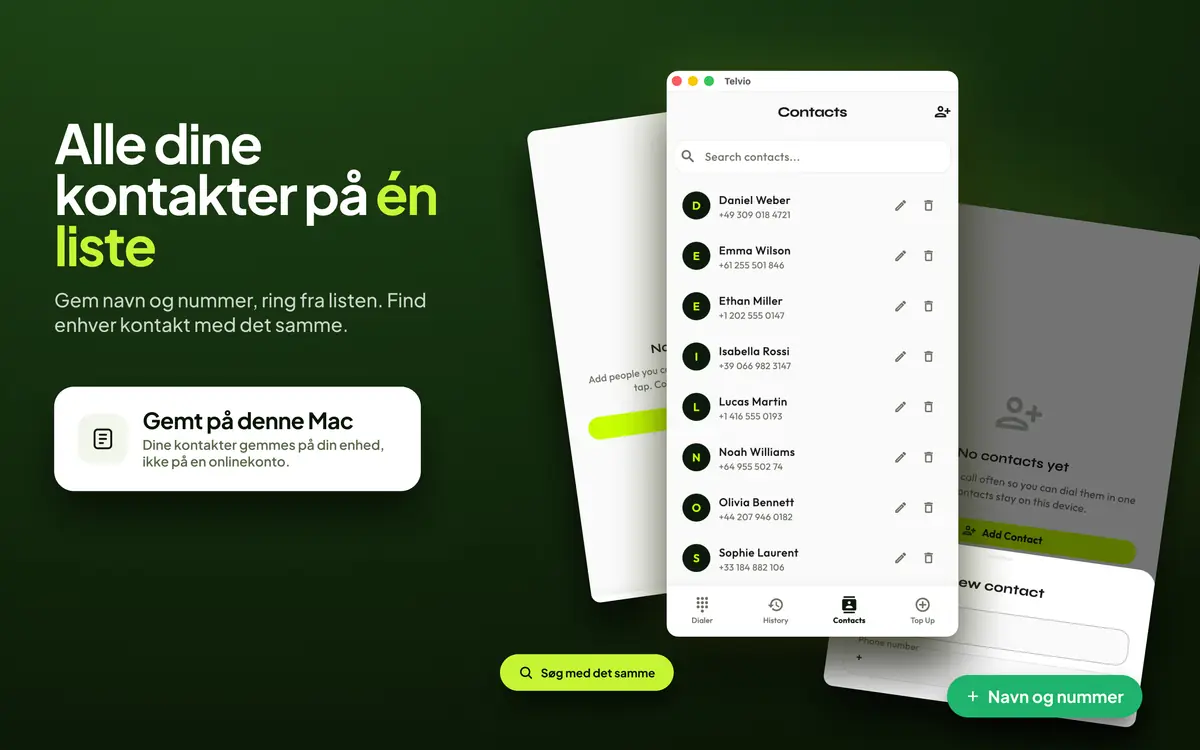 Kontakter i Telvio til Mac med en søgbar liste over gemte navne og numre