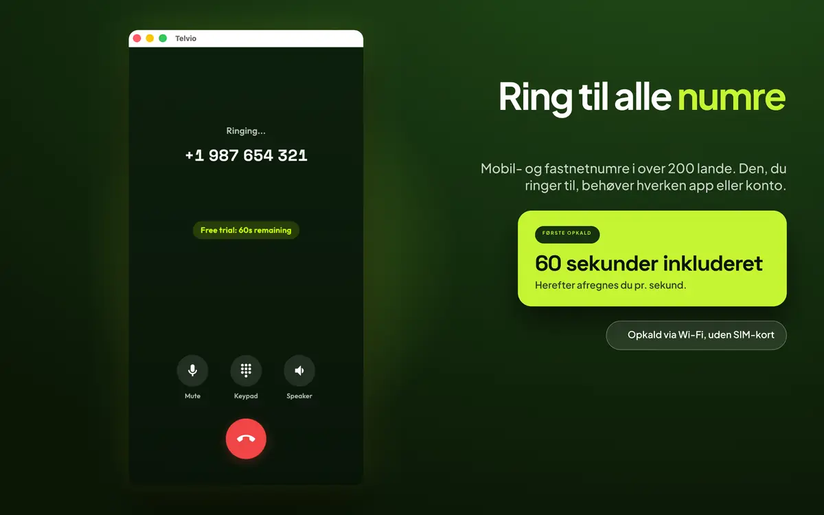 Telvio til Mac i et aktivt opkald med ringetilstand samt knapper til lydløs, nummertastatur og højttaler