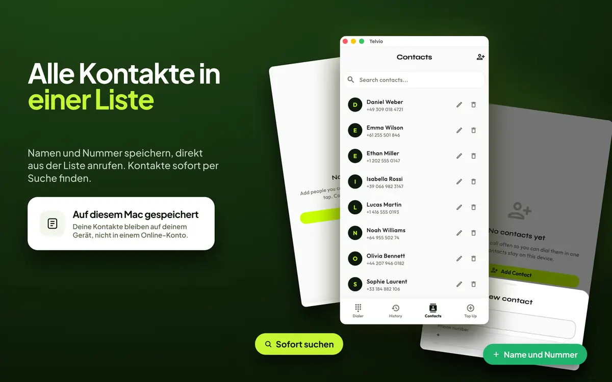 Kontaktbereich von Telvio für Mac mit einer durchsuchbaren Liste gespeicherter Namen und Nummern