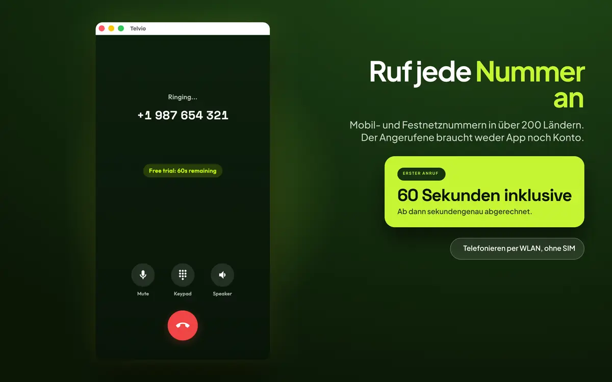 Telvio für Mac während eines laufenden Anrufs mit dem Klingelstatus sowie Stummschaltungs-, Wähltastatur- und Lautsprechersteuerung