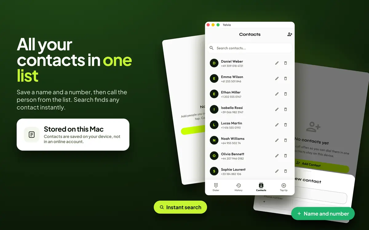 Telvio for Mac contacts pane with a searchable list of saved names and numbers