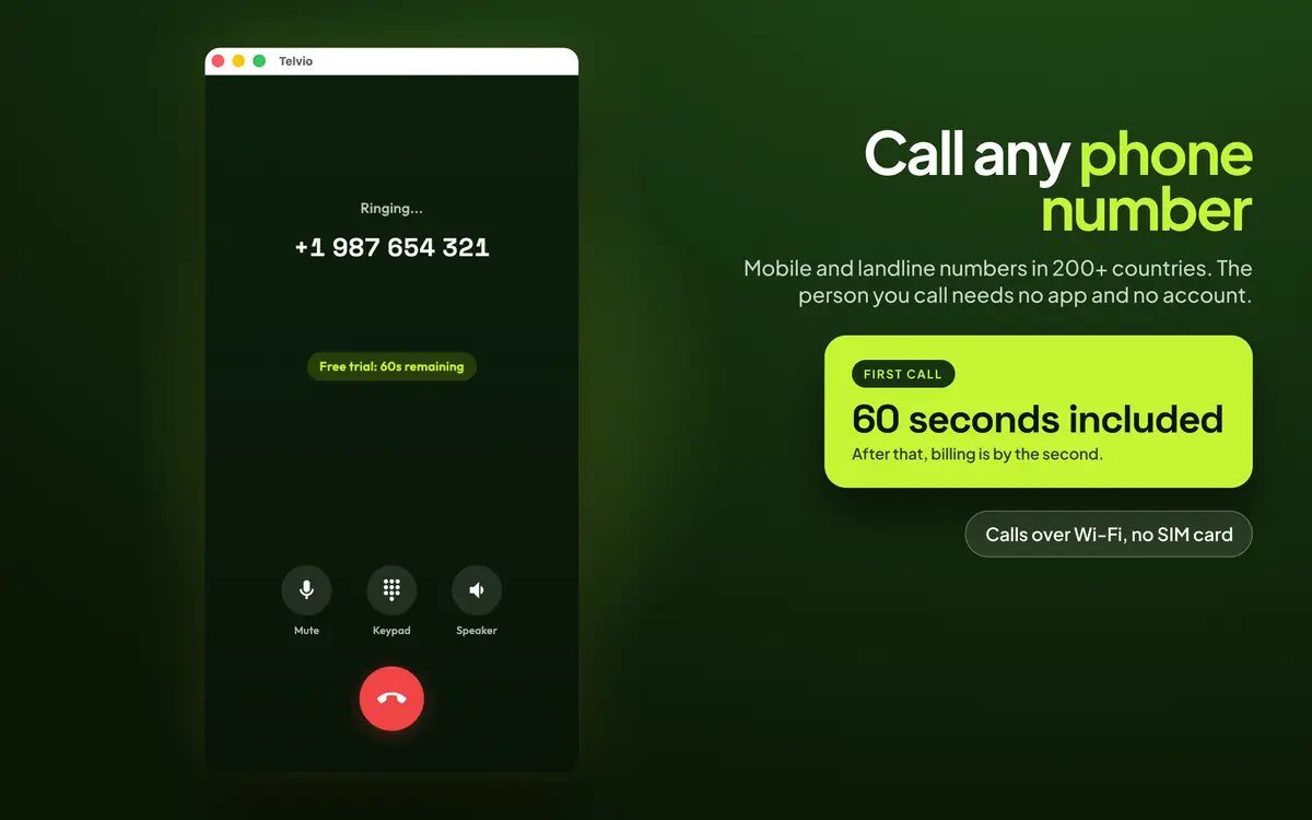 Telvio for Mac in a live call, showing the ringing state with mute, keypad and speaker controls