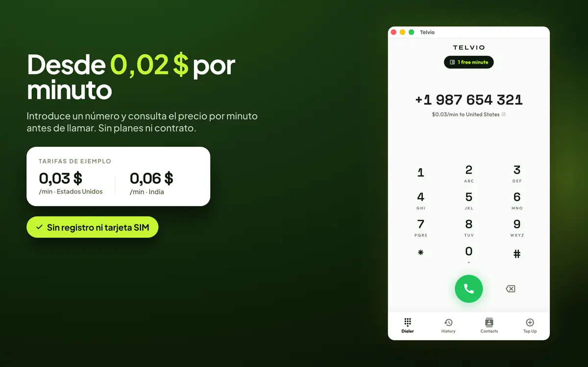 Telvio para Mac muestra tarifas por minuto de ejemplo para Estados Unidos y la India junto al teclado numérico