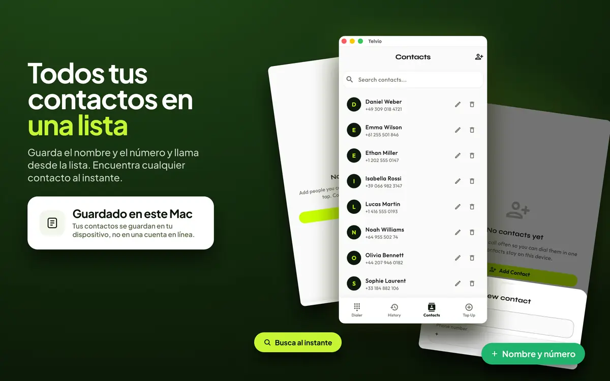 Panel de contactos de Telvio para Mac con una lista con búsqueda de nombres y números guardados