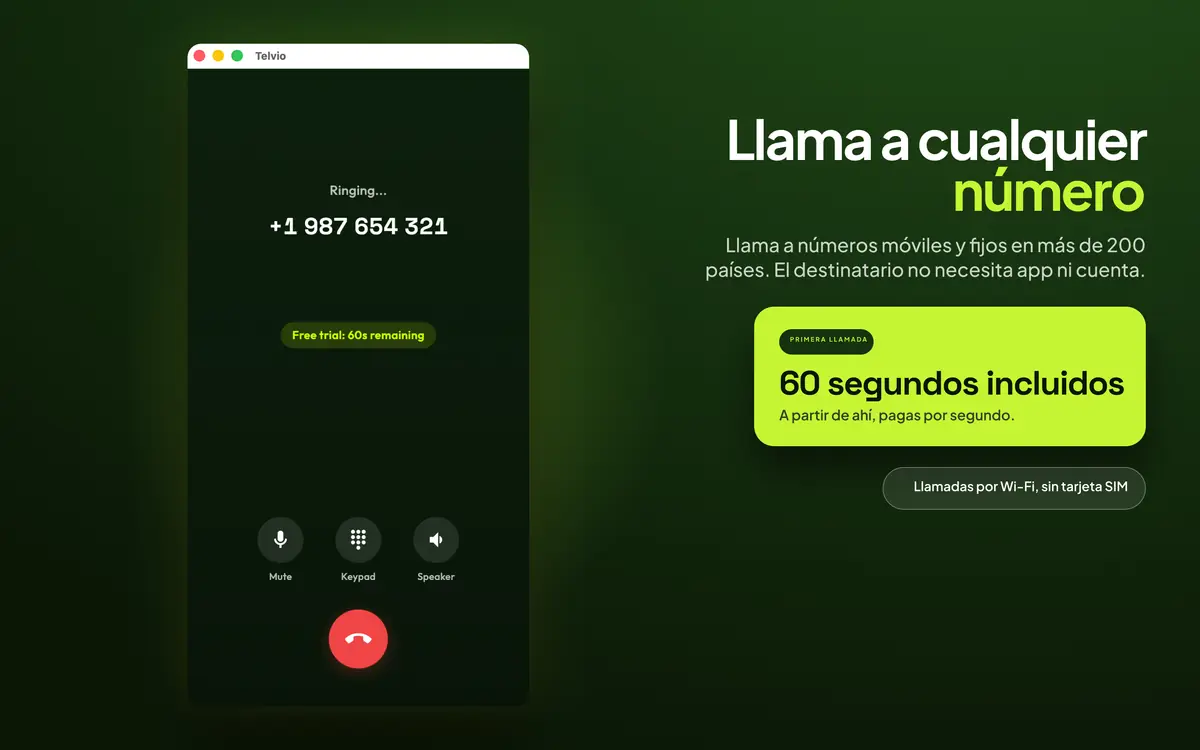 Telvio para Mac en una llamada activa, que muestra el estado de llamada en curso con controles para silenciar, teclado numérico y altavoz