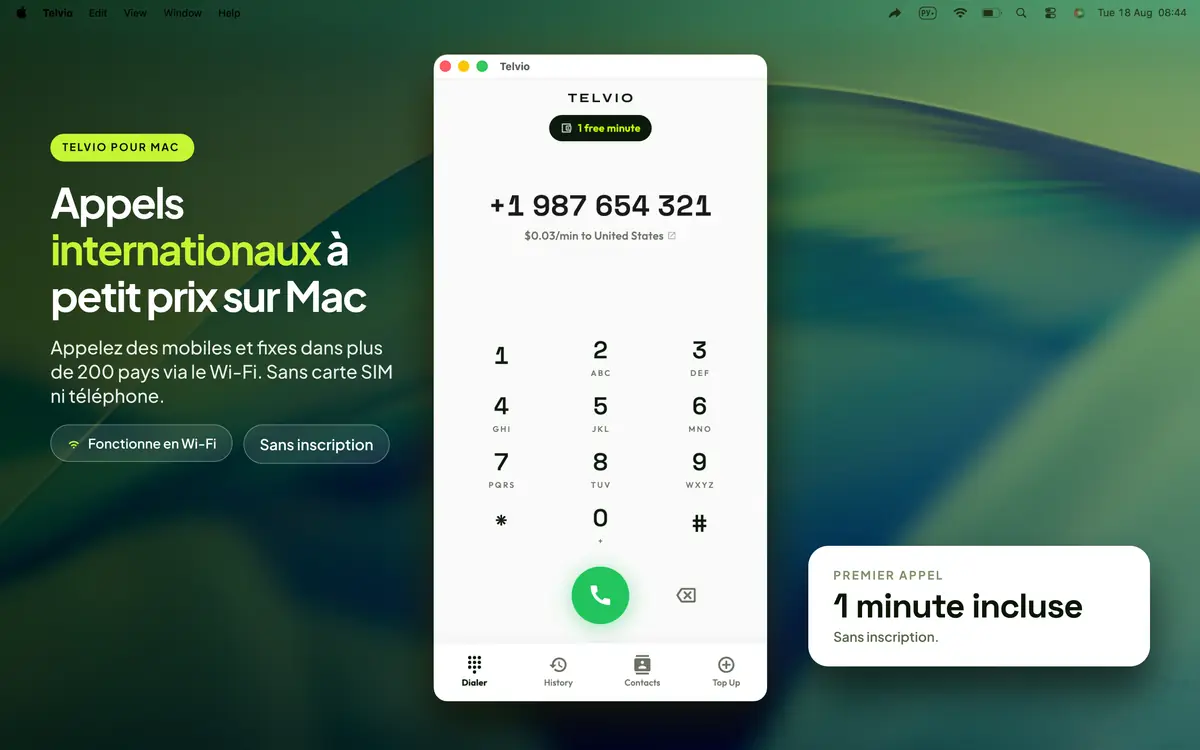 Fenêtre Telvio pour Mac sur un bureau, affichant le pavé numérique avec un numéro américain et son tarif à la minute