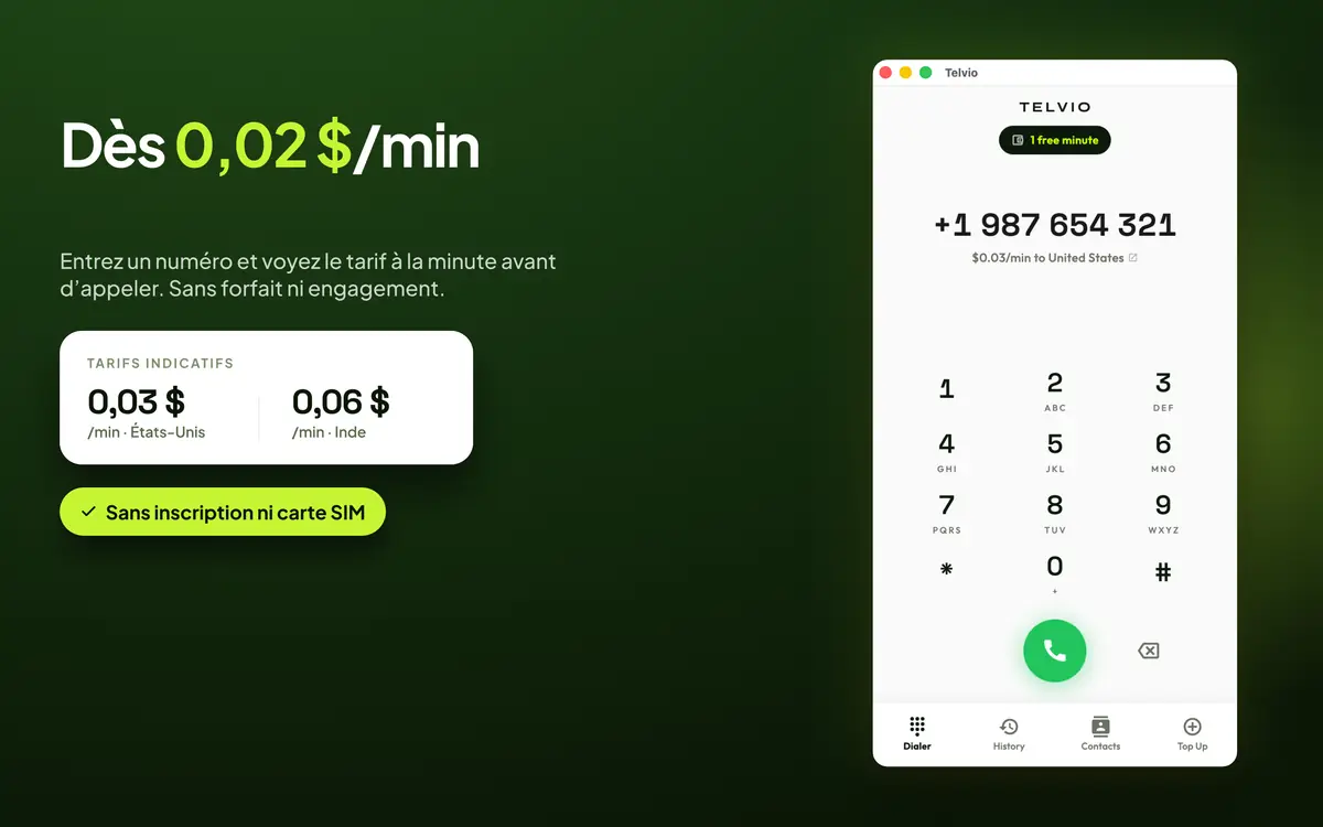 Telvio pour Mac affichant des tarifs à la minute pour les États-Unis et l’Inde à côté du pavé numérique