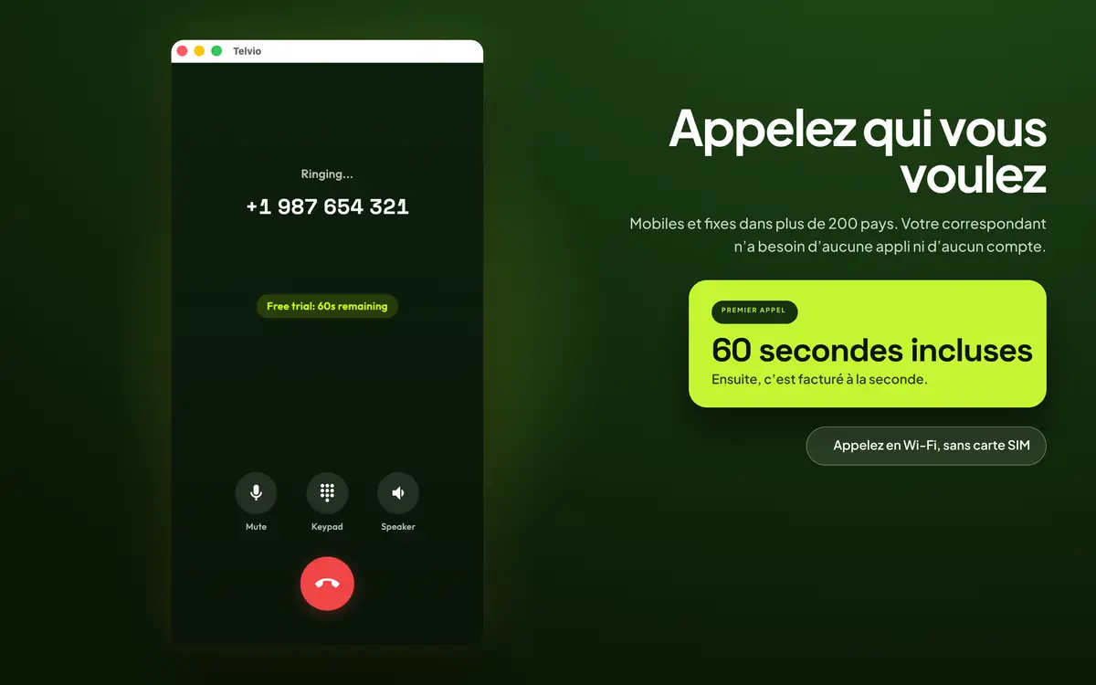 Telvio pour Mac pendant un appel, affichant l’état de sonnerie avec les commandes de désactivation du micro, du pavé numérique et du haut-parleur