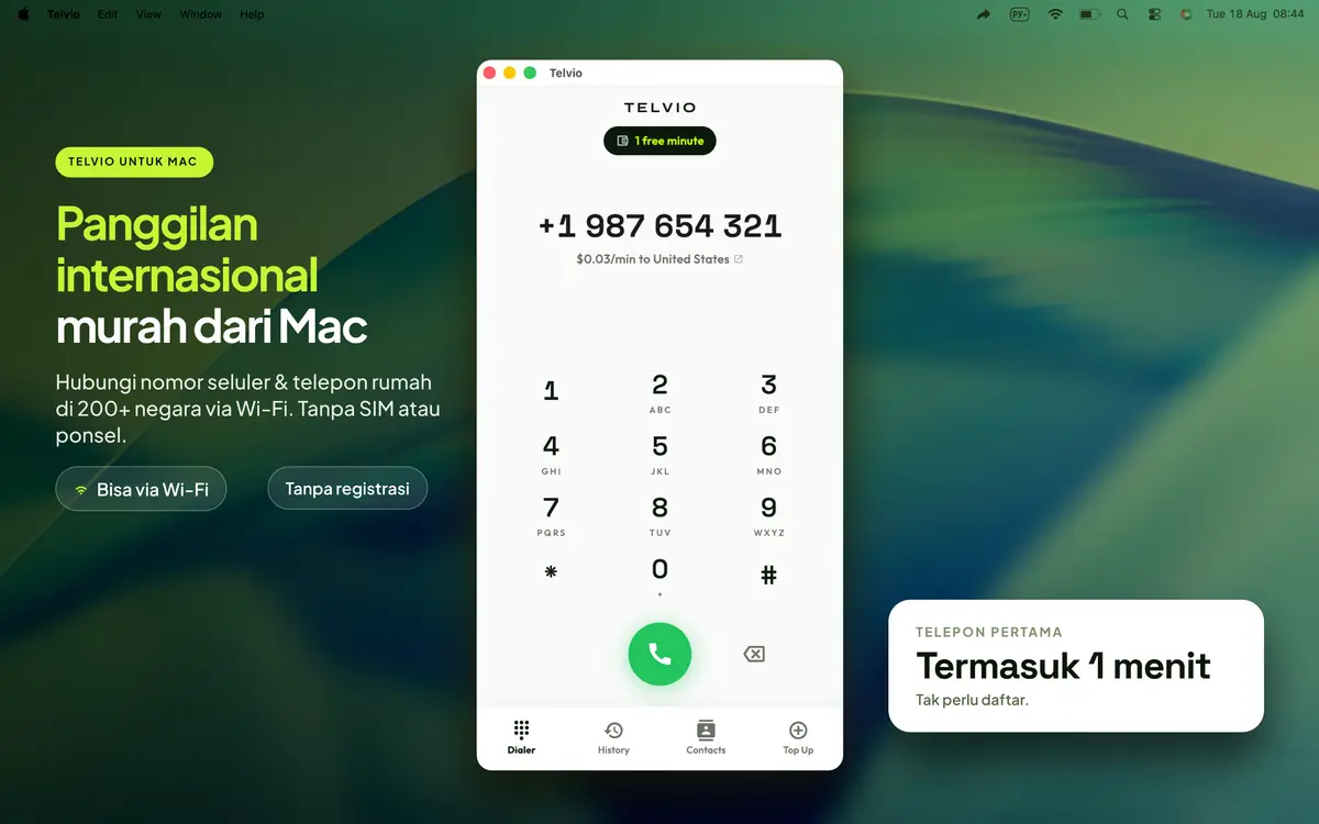Jendela Telvio untuk Mac di desktop yang menampilkan papan nomor dengan nomor AS dan tarif per menitnya