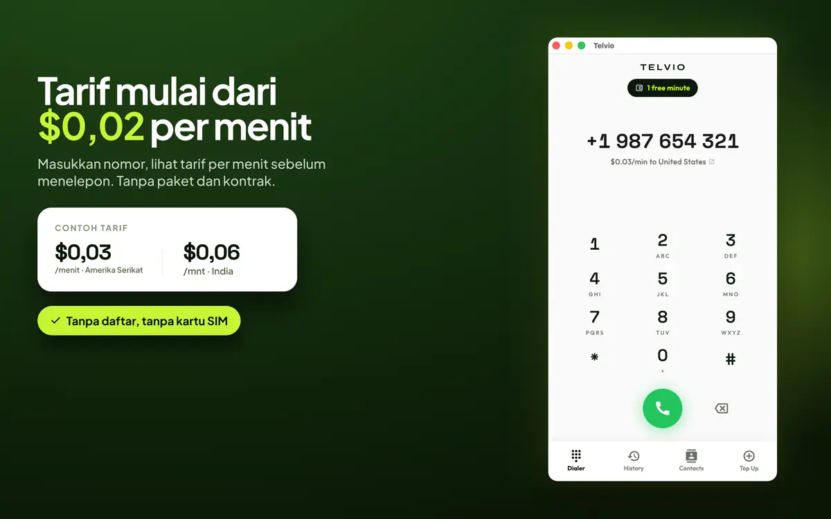 Telvio untuk Mac yang menampilkan contoh tarif per menit untuk Amerika Serikat dan India di samping papan nomor