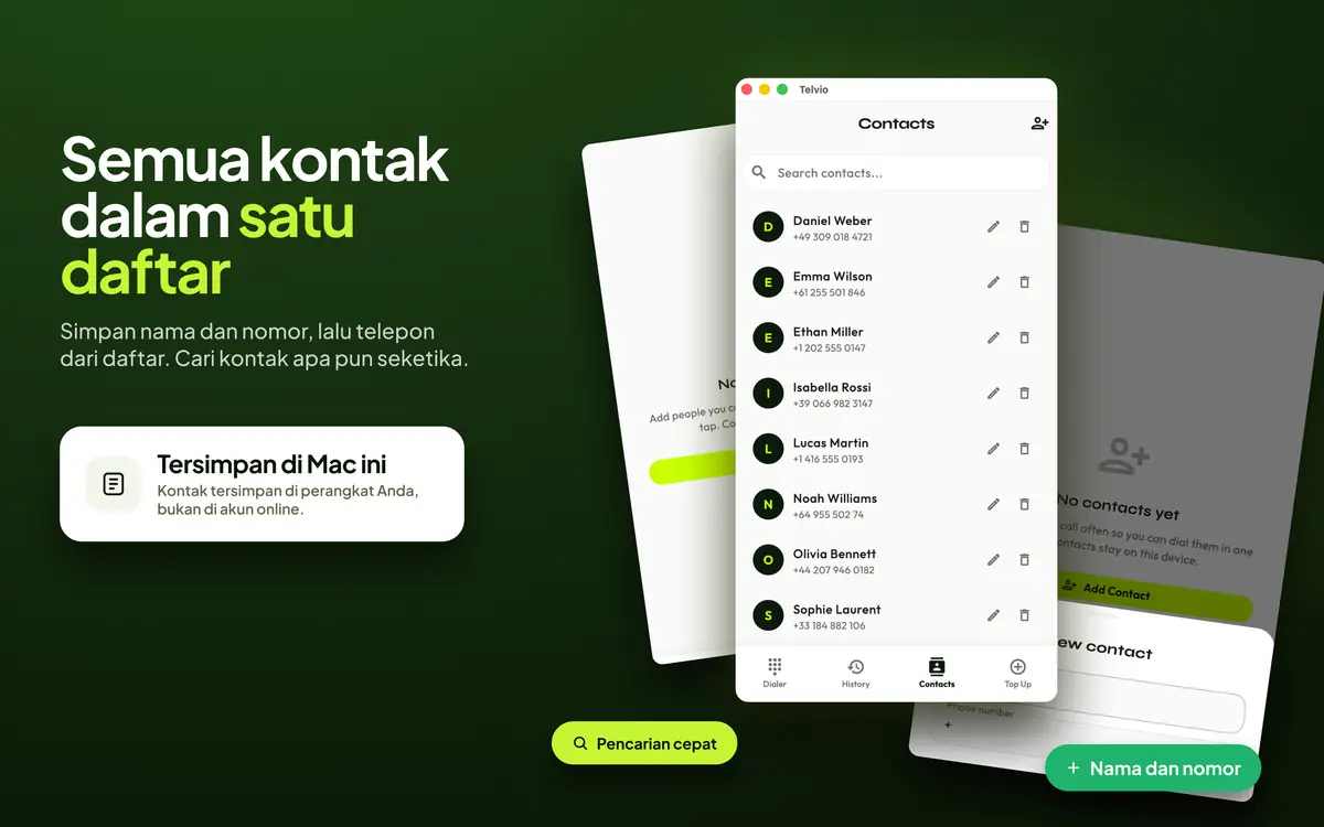 Panel kontak Telvio untuk Mac dengan daftar nama dan nomor tersimpan yang dapat dicari