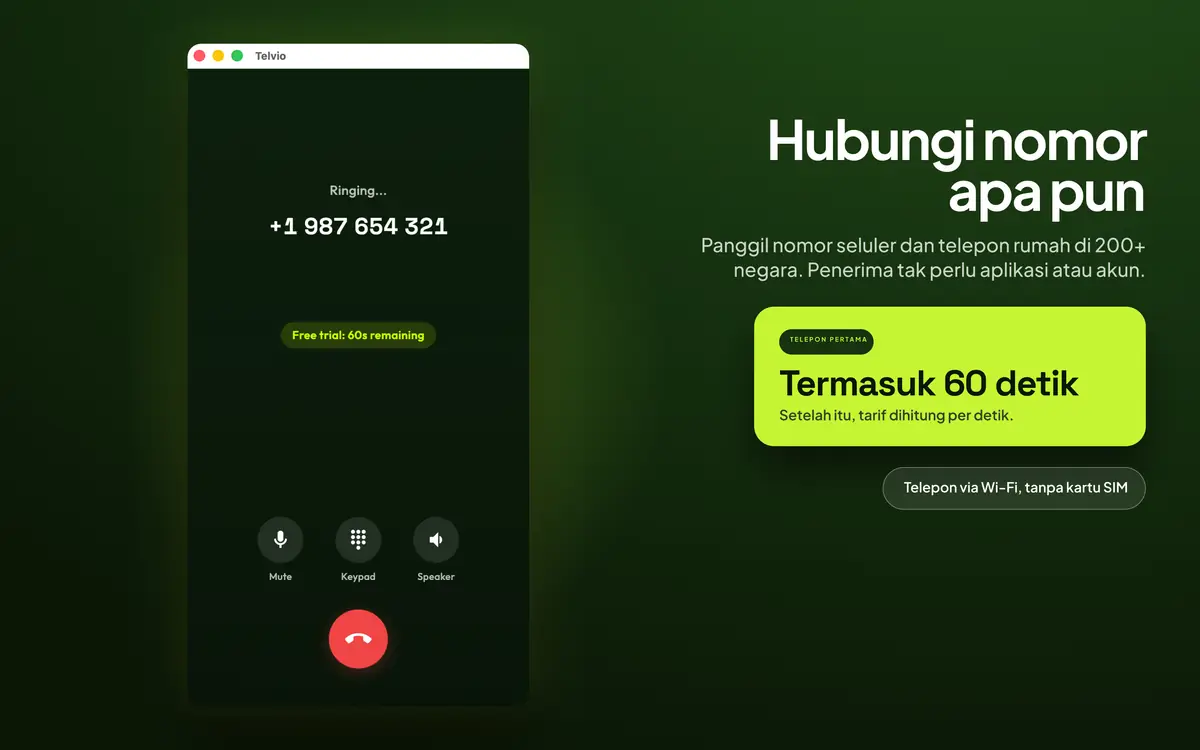 Telvio untuk Mac dalam panggilan aktif, menampilkan status berdering dengan kontrol bisukan, papan nomor, dan speaker