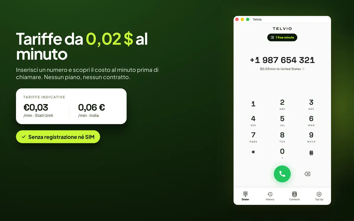 Telvio per Mac con esempi di tariffe al minuto per gli Stati Uniti e l'India accanto al tastierino numerico