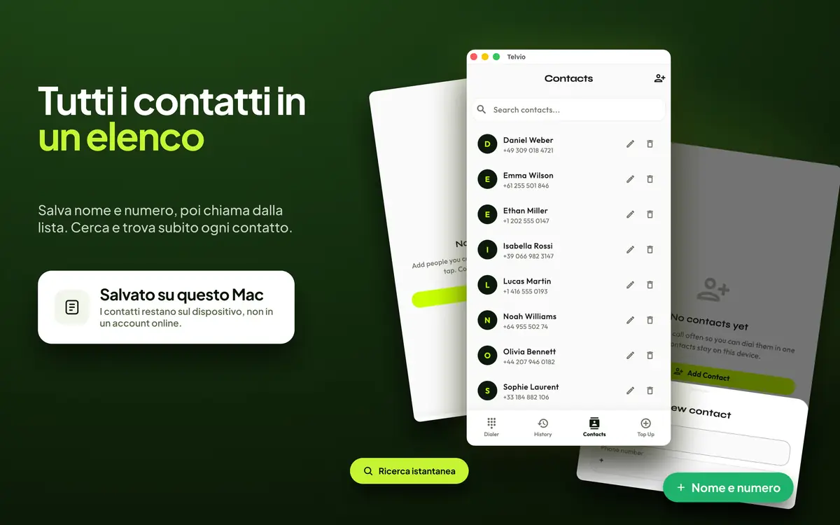 Riquadro dei contatti di Telvio per Mac con un elenco ricercabile di nomi e numeri salvati
