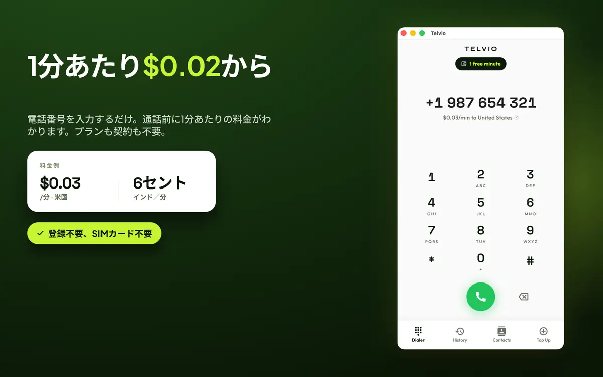 ダイヤルパッドの横に米国とインドの1分あたりの料金例が表示されたTelvio for Mac