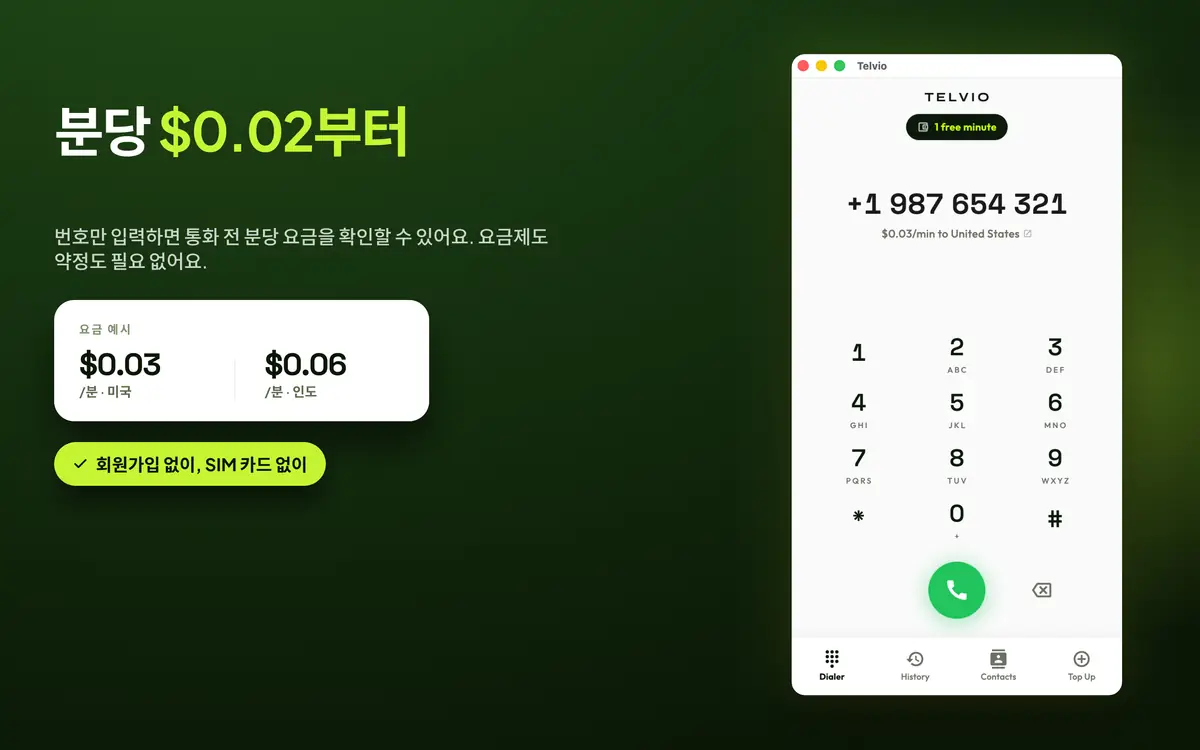 다이얼 패드 옆에 미국과 인도의 분당 요금 예시를 보여주는 Telvio for Mac