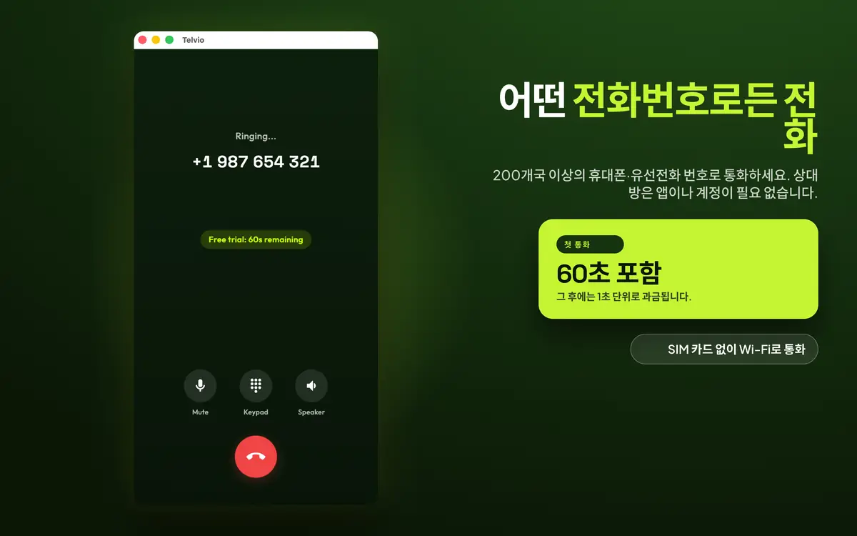 음소거, 키패드, 스피커 조작 버튼과 통화 연결 중 상태를 보여주는 Telvio for Mac의 통화 화면