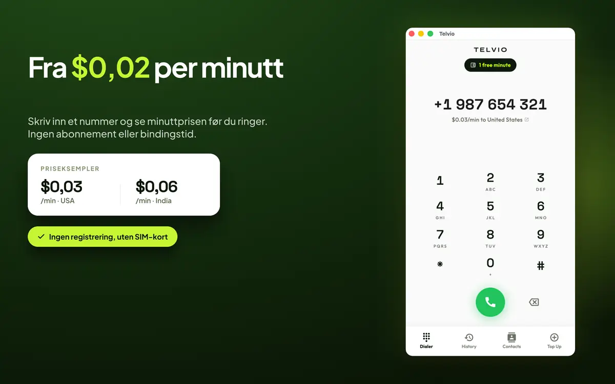 Telvio for Mac med eksempler på priser per minutt for USA og India ved siden av talltastaturet